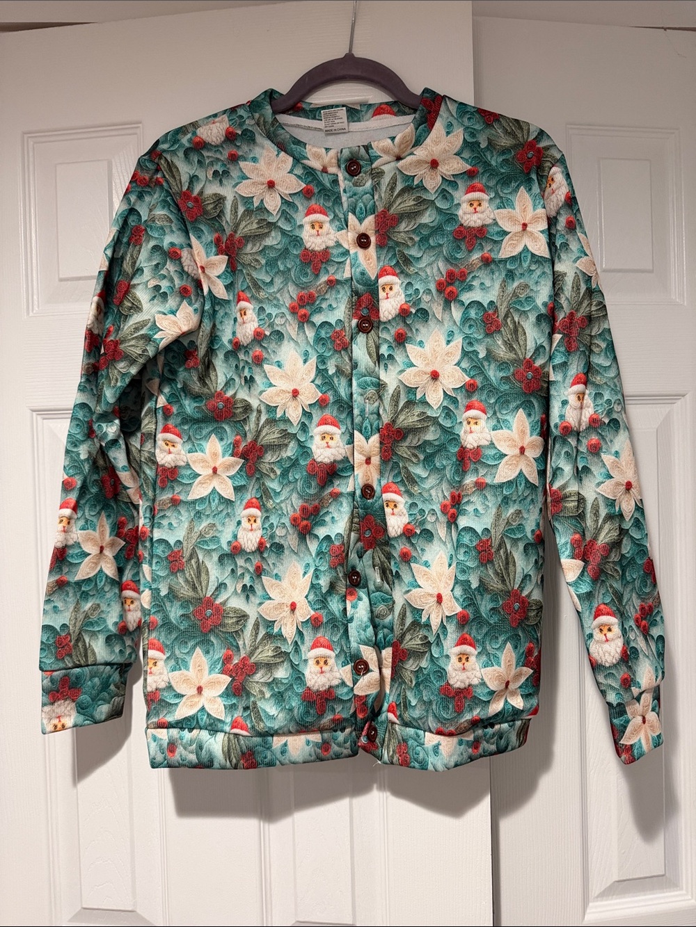 Festive Santa & Poinsettia Cardigan — Teal Green & Red